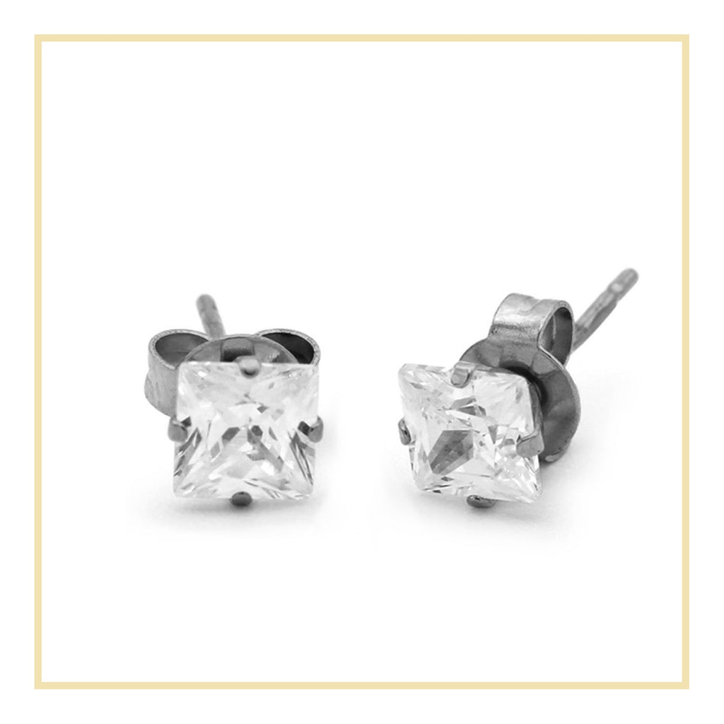 Cubic Zirconia Square Stud Earrings Stainless Steel Silver Jewelry Men Women
