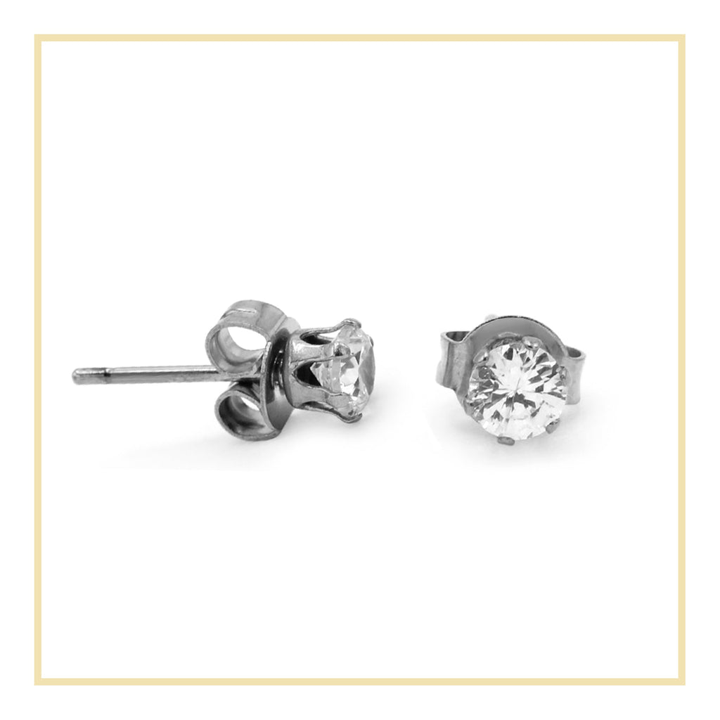 Cubic Zirconia Round Stud Earrings Stainless Steel Silver Jewelry Men Women