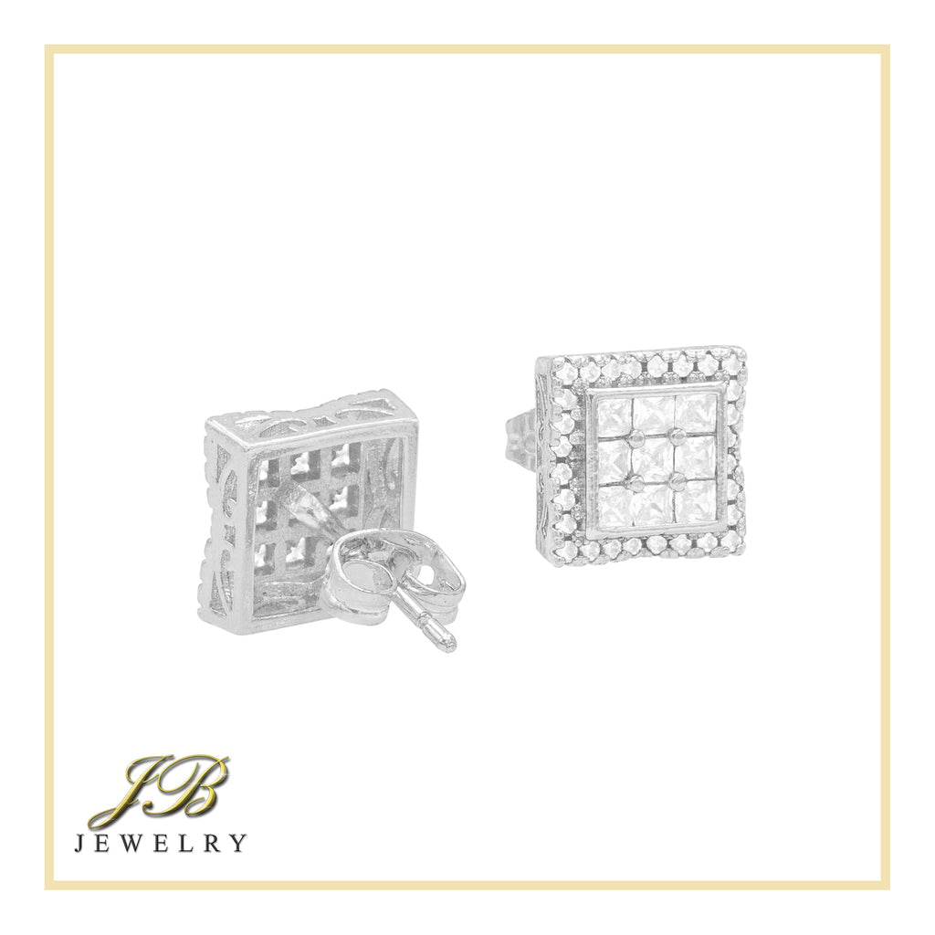 Double Square 3 Cubic Zirconia Earrings 14K Gold Filled Silver Hip Hop Studs Jewelry Women Men