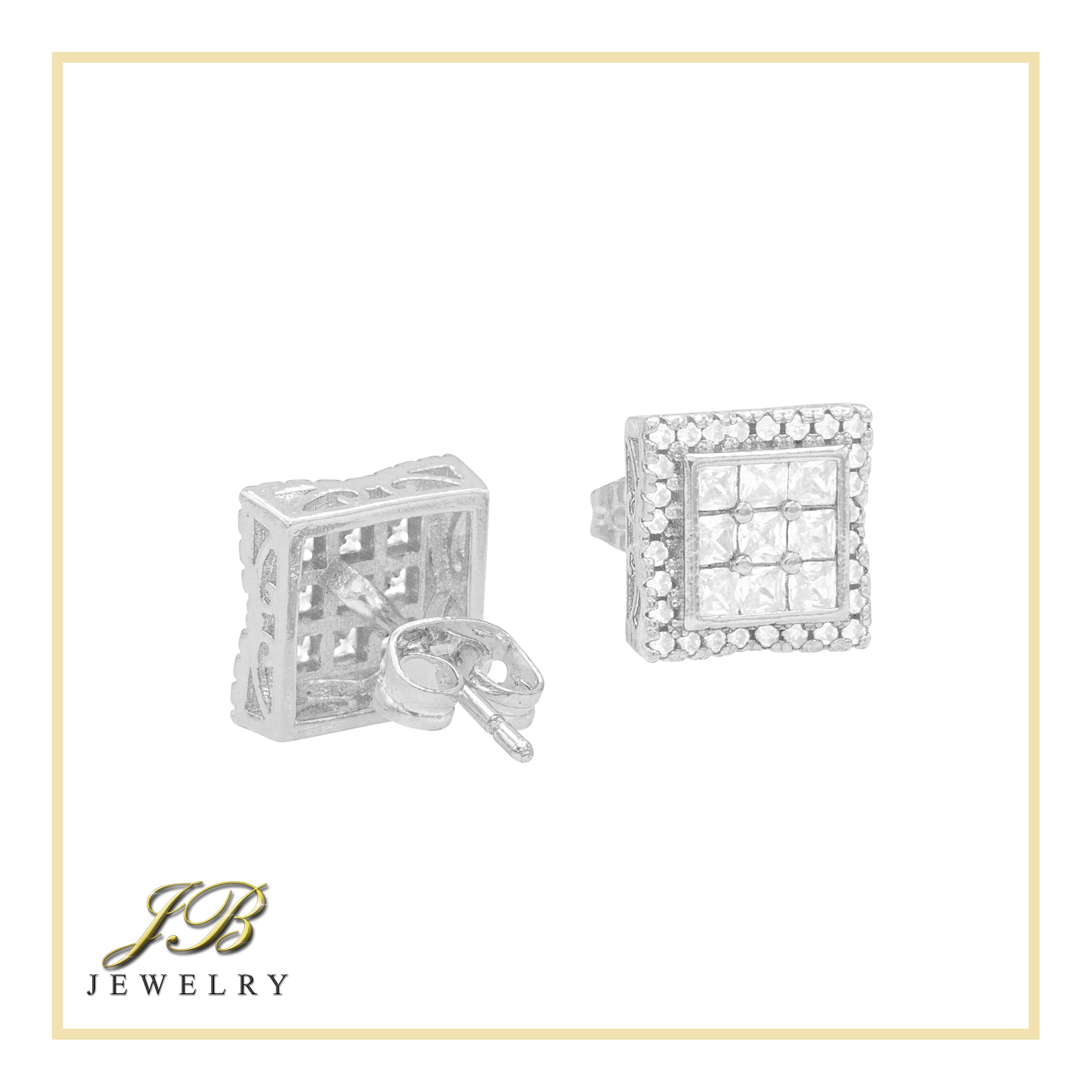 Double Square 3 Cubic Zirconia Earrings 14K Gold Filled Silver Hip Hop Studs Jewelry Women Men