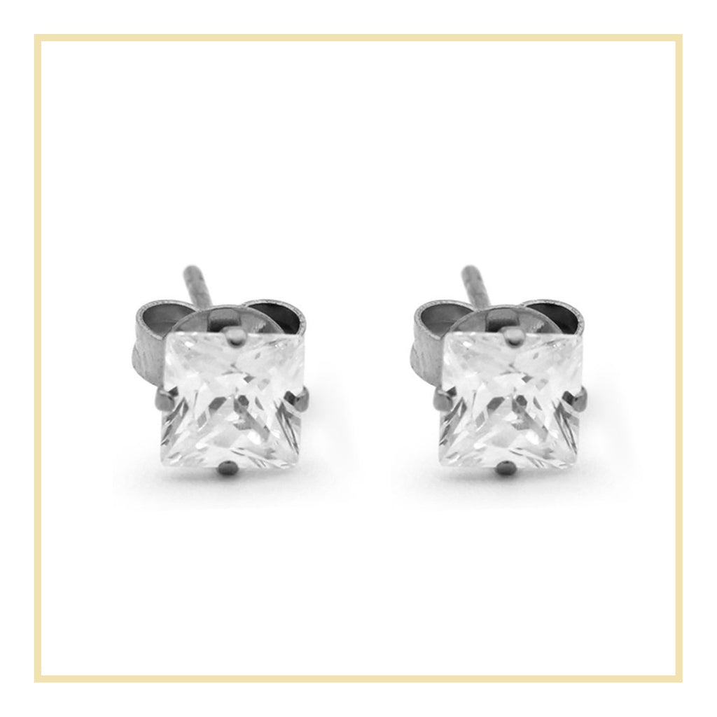 Cubic Zirconia Square Stud Earrings Stainless Steel Silver Jewelry Men Women