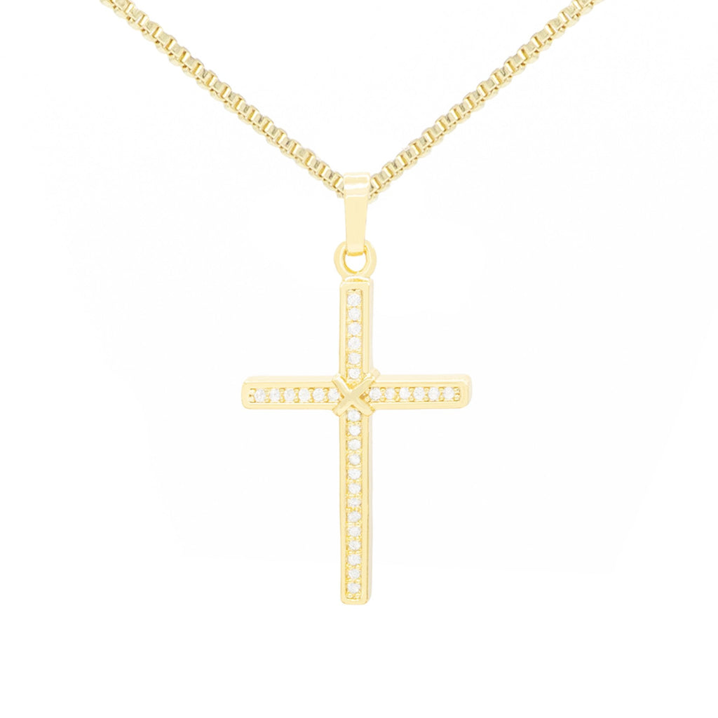 Thin Cross Cubic Zirconia Pendant With Necklace Set 14K Gold Filled