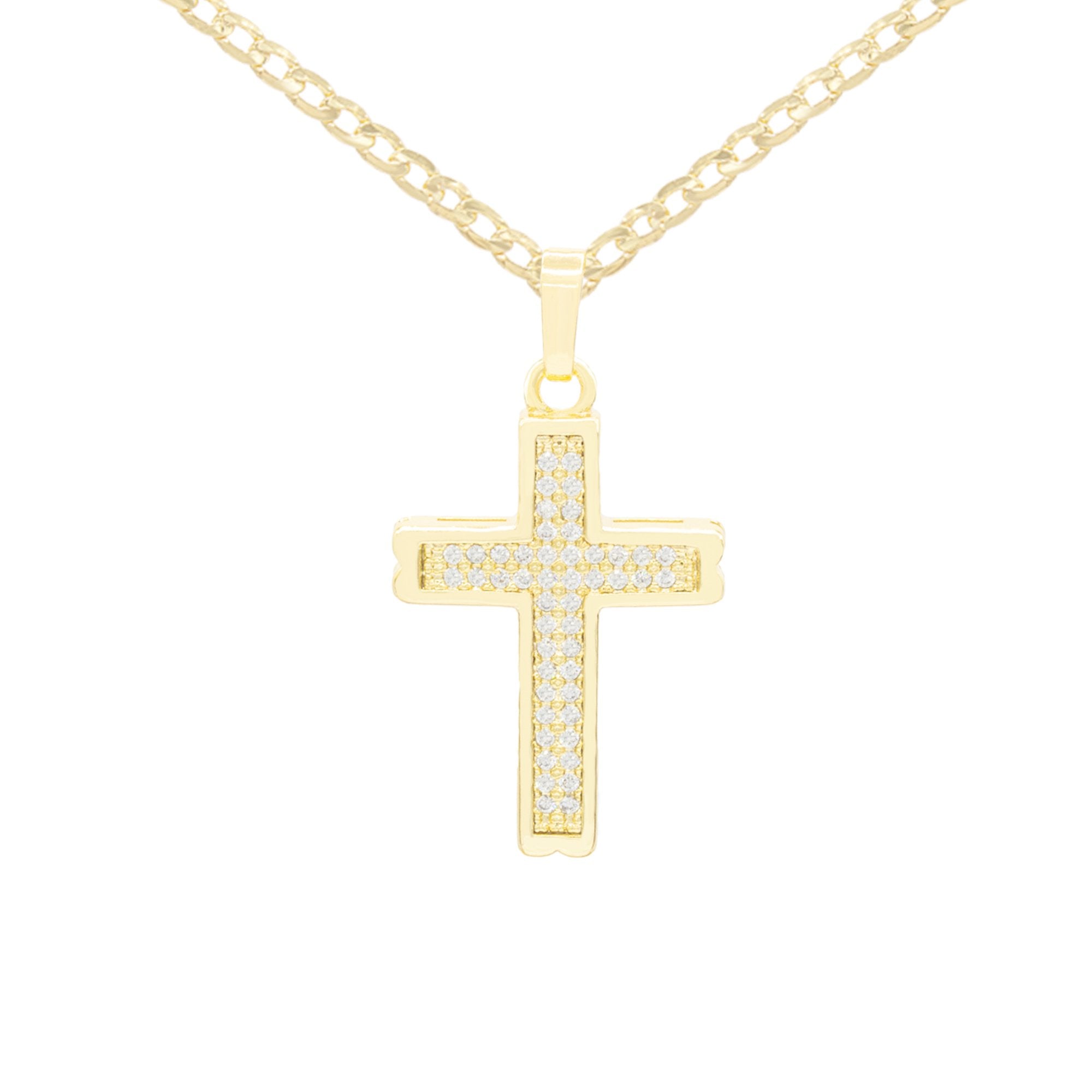 CZ Stone Bordered Cross Cubic Zirconia Pendant With Necklace Set 14K Gold Filled