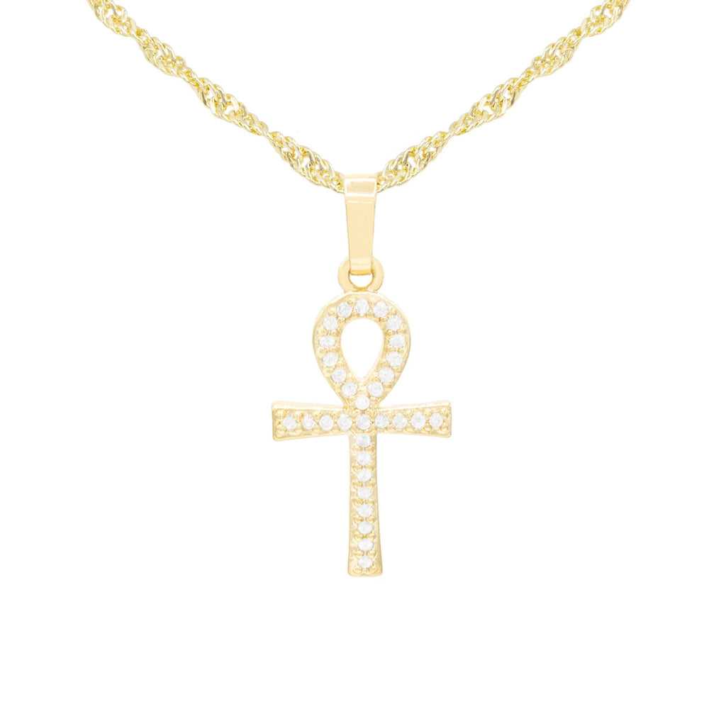 Ankh Cross Cubic Zirconia 14K Gold Filled Copper Pendant With Necklace Set