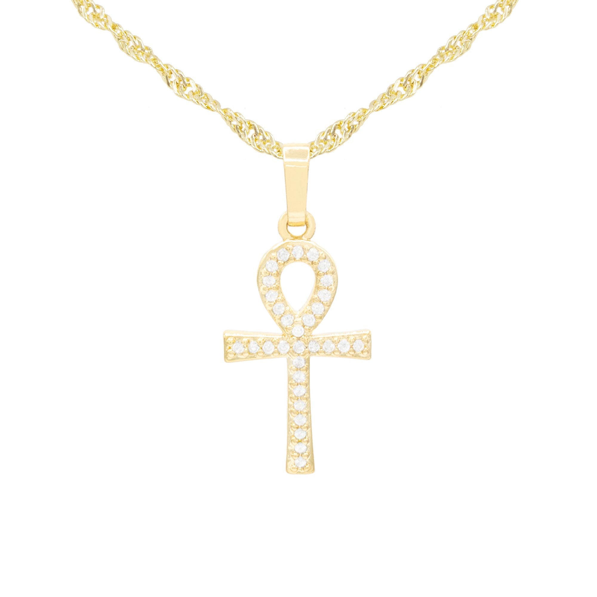 Ankh Cross Cubic Zirconia 14K Gold Filled Copper Pendant With Necklace Set