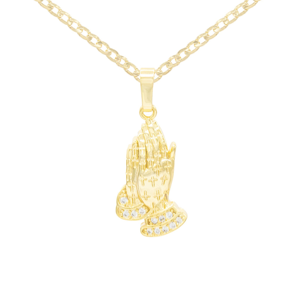 Cubic Zirconia Praying Hands Pendant 14K Gold Filled Necklace Set