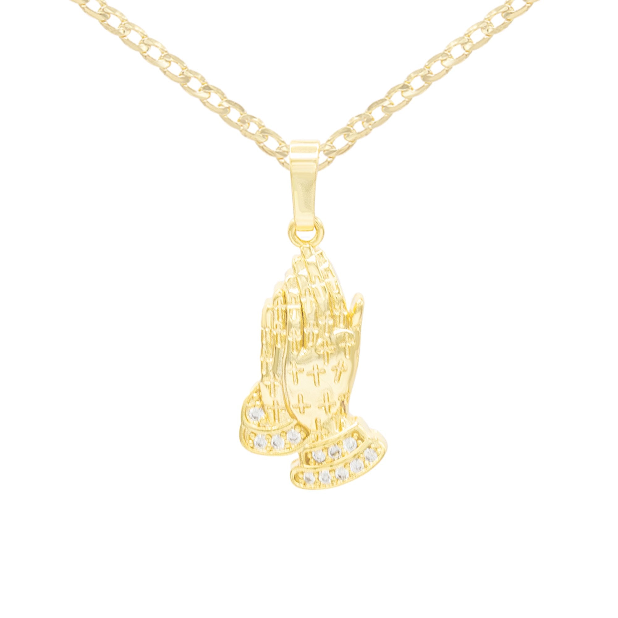 Cubic Zirconia Praying Hands Pendant 14K Gold Filled Necklace Set