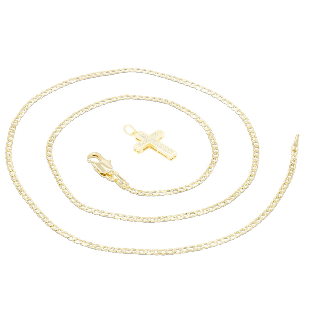 CZ Stone Bordered Cross Cubic Zirconia Pendant With Necklace Set 14K Gold Filled