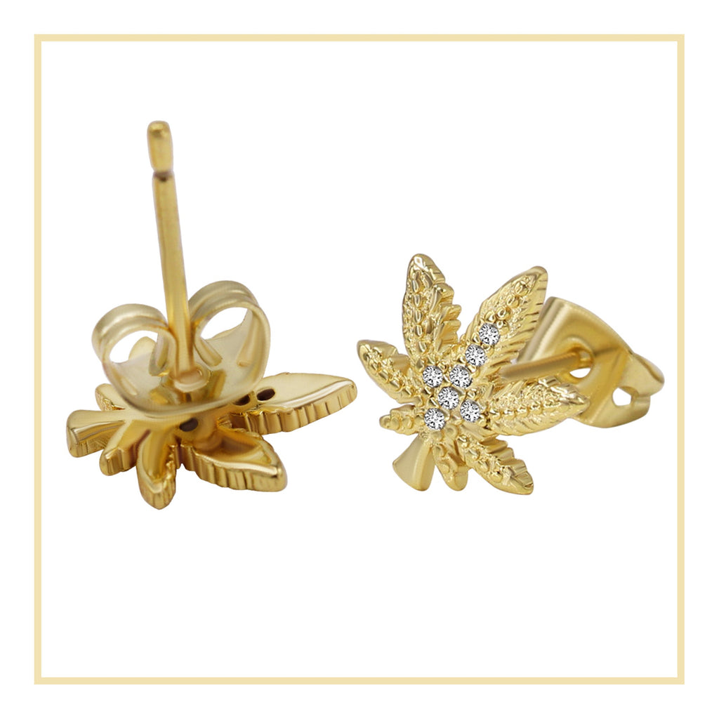 Cannabis Leaf Stud 14K Gold Plated CZ Stud Earrings Cubic Zirconia Jewelry Men and Women