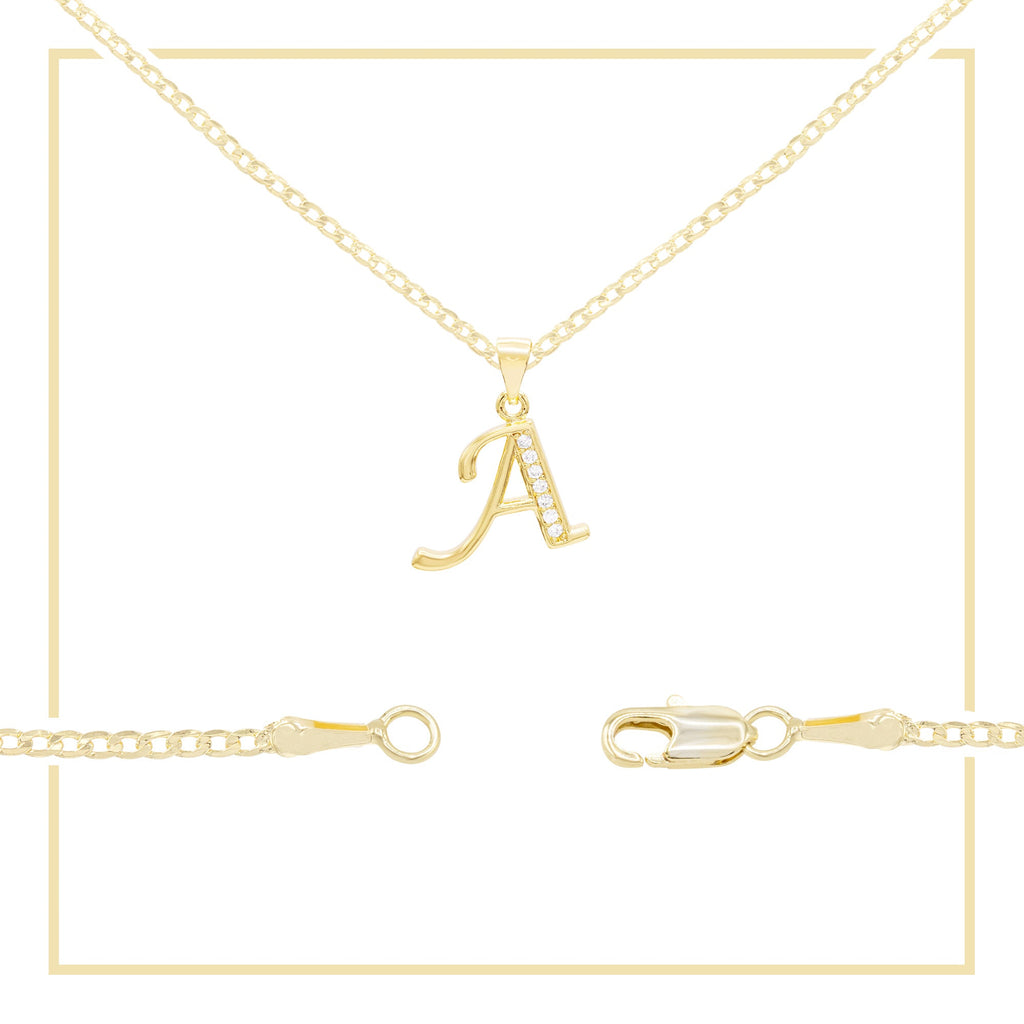 Alphabet A-Z Initial Letter CZ Pendant 14K Gold Filled Curb Chain Set 18" 20" 24" Women