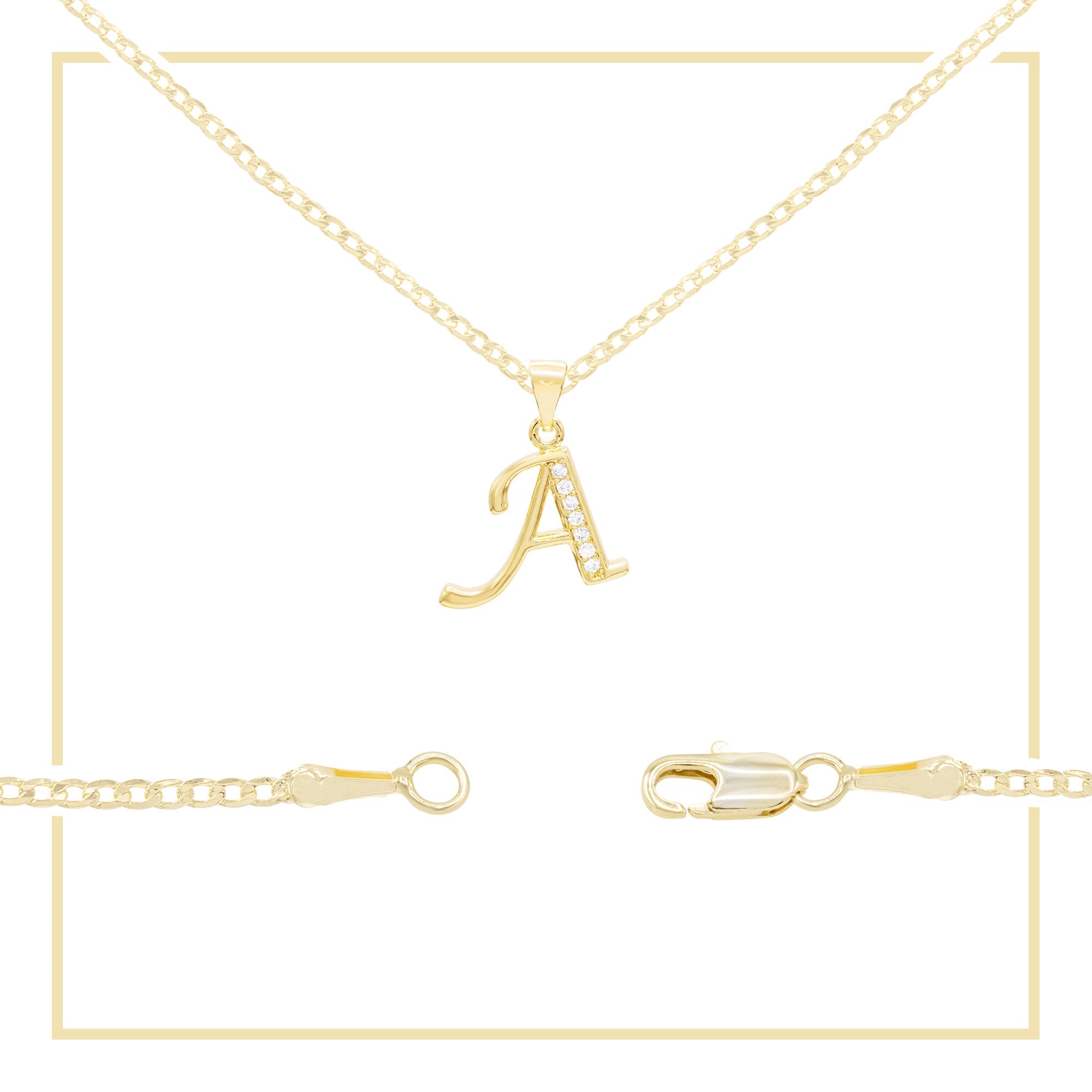 Alphabet A-Z Initial Letter CZ Pendant 14K Gold Filled Curb Chain Set 18" 20" 24" Women