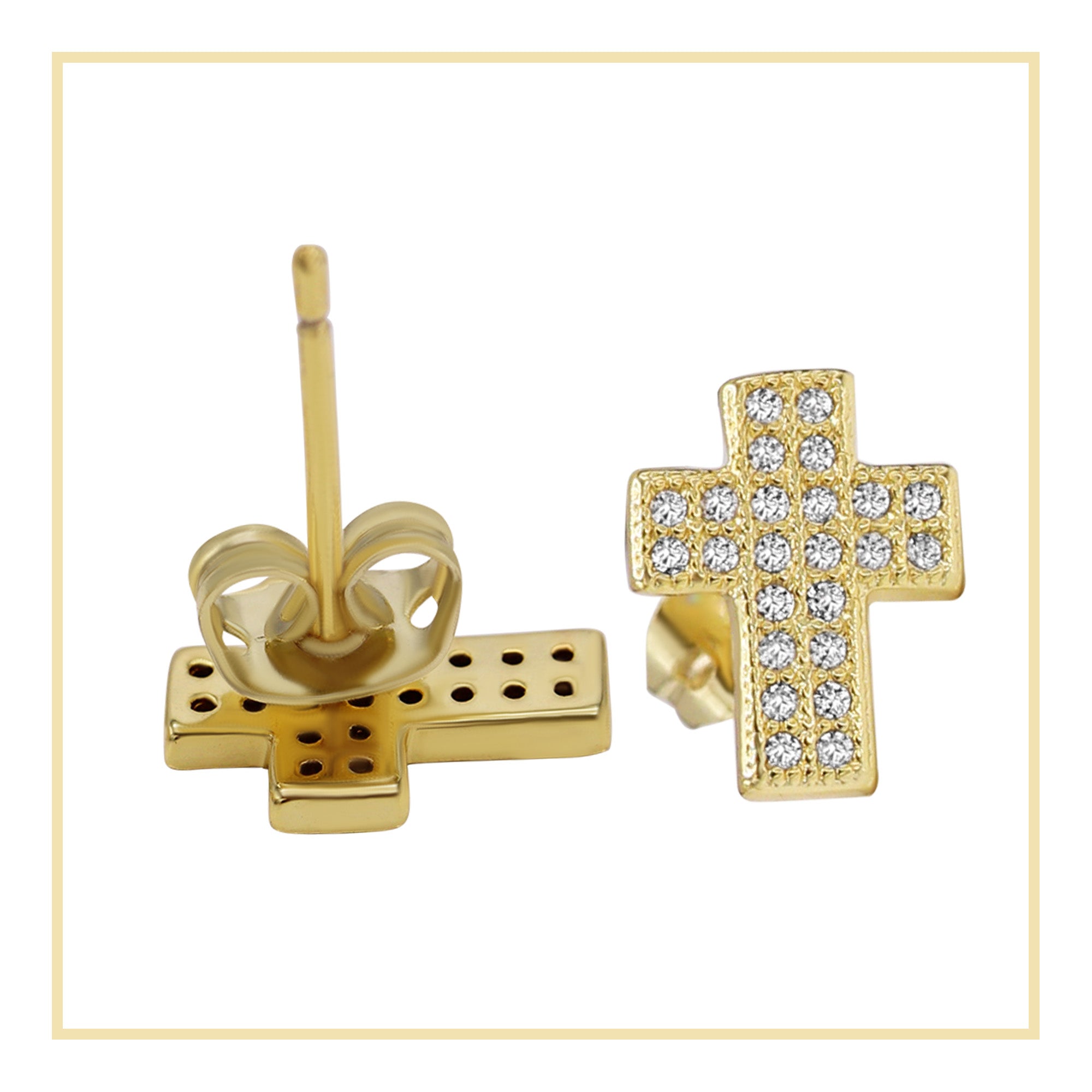 Cross Stud 14K Gold Plated Cubic Zirconia Earrings Jewelry Men Women