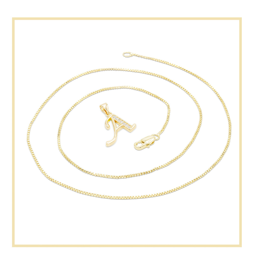 Alphabet A-Z Initial Letter CZ Pendant 14K Gold Filled Box Chain Set 18" 20" 24" Women Necklace Set
