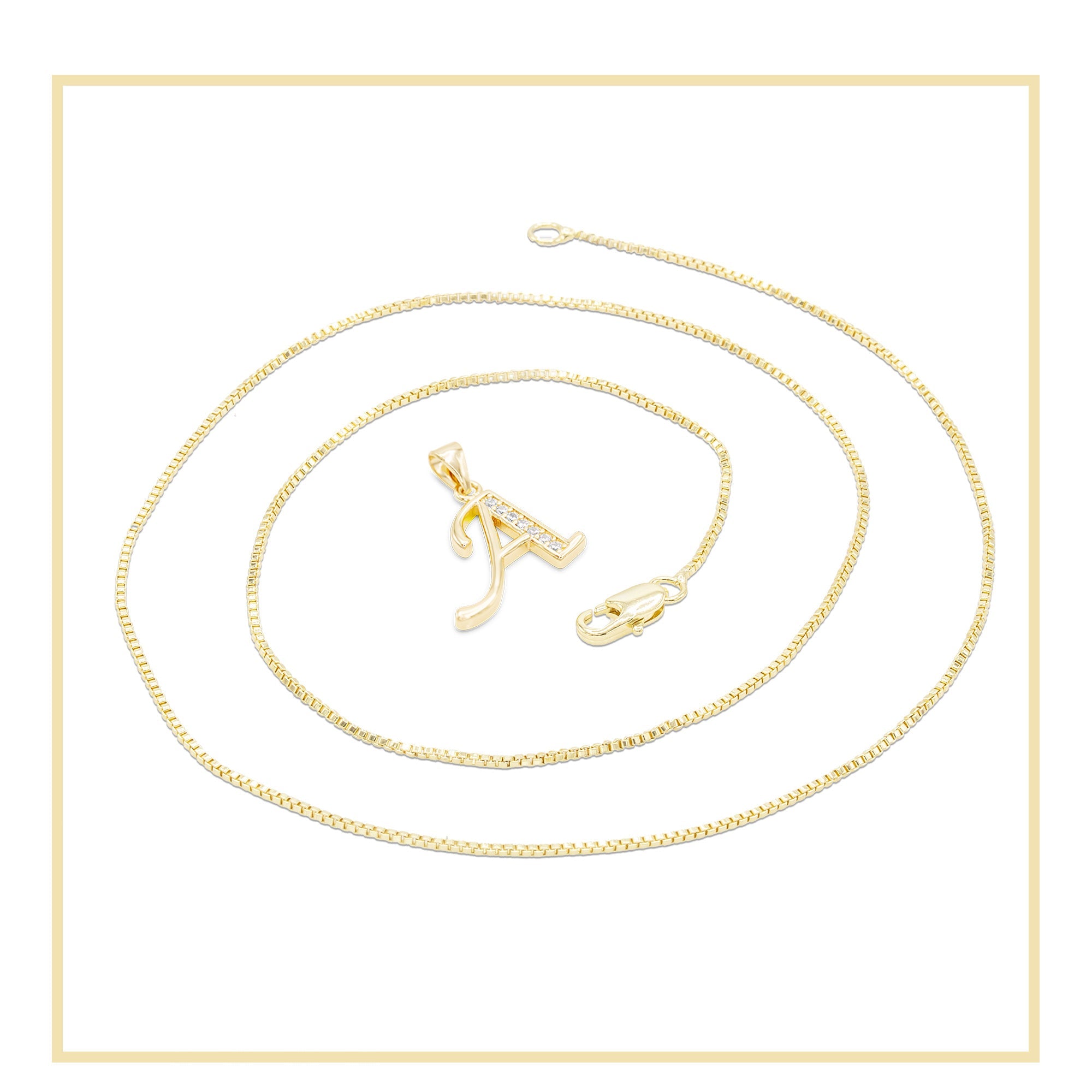 Alphabet A-Z Initial Letter CZ Pendant 14K Gold Filled Box Chain Set 18" 20" 24" Women Necklace Set