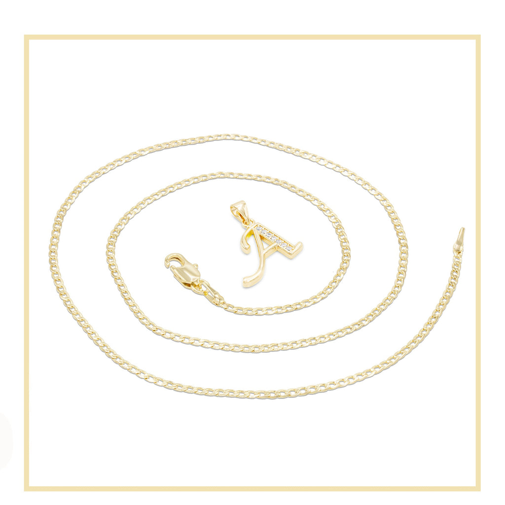 Alphabet A-Z Initial Letter CZ Pendant 14K Gold Filled Curb Chain Set 18" 20" 24" Women