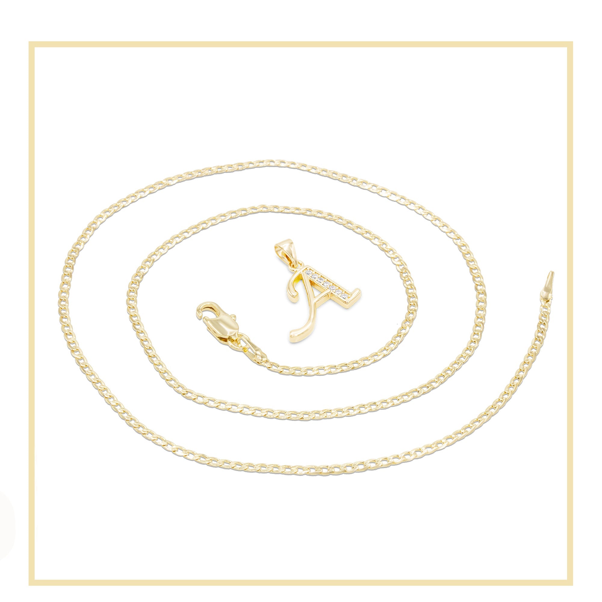 Alphabet A-Z Initial Letter CZ Pendant 14K Gold Filled Curb Chain Set 18" 20" 24" Women