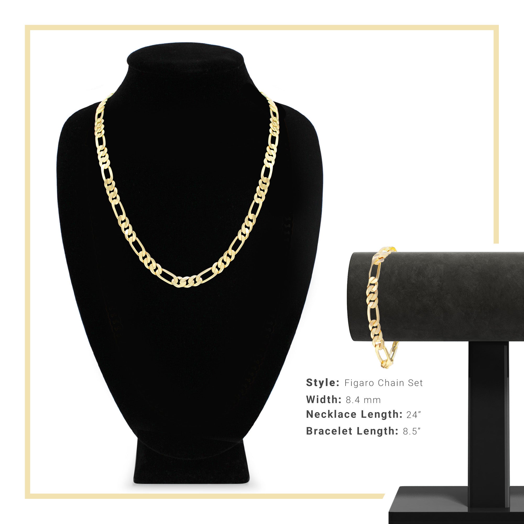 14K Gold Filled Figaro Chain Necklace 24" Bracelet 8.5" Set