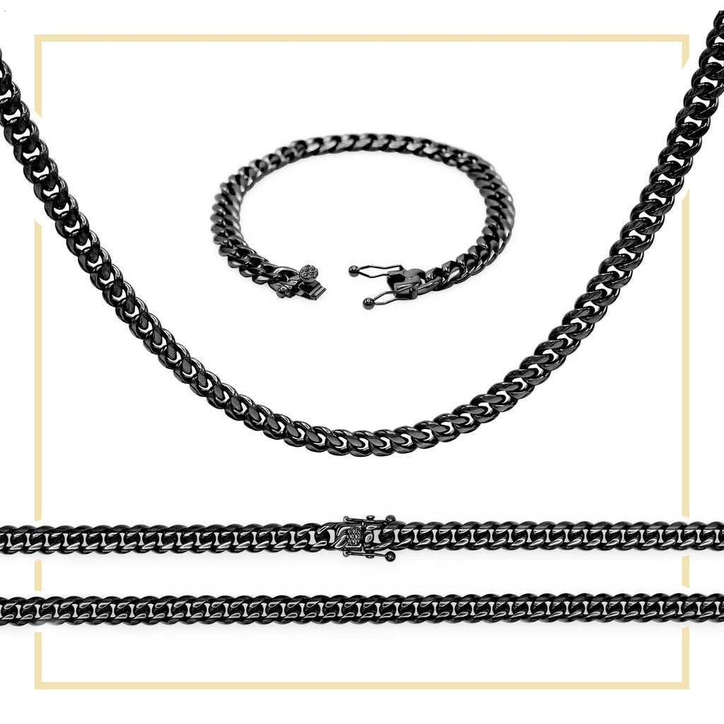 Black Cuban Link Chain Necklace 30" Bracelet 8.5" Stainless Steel Set For Men