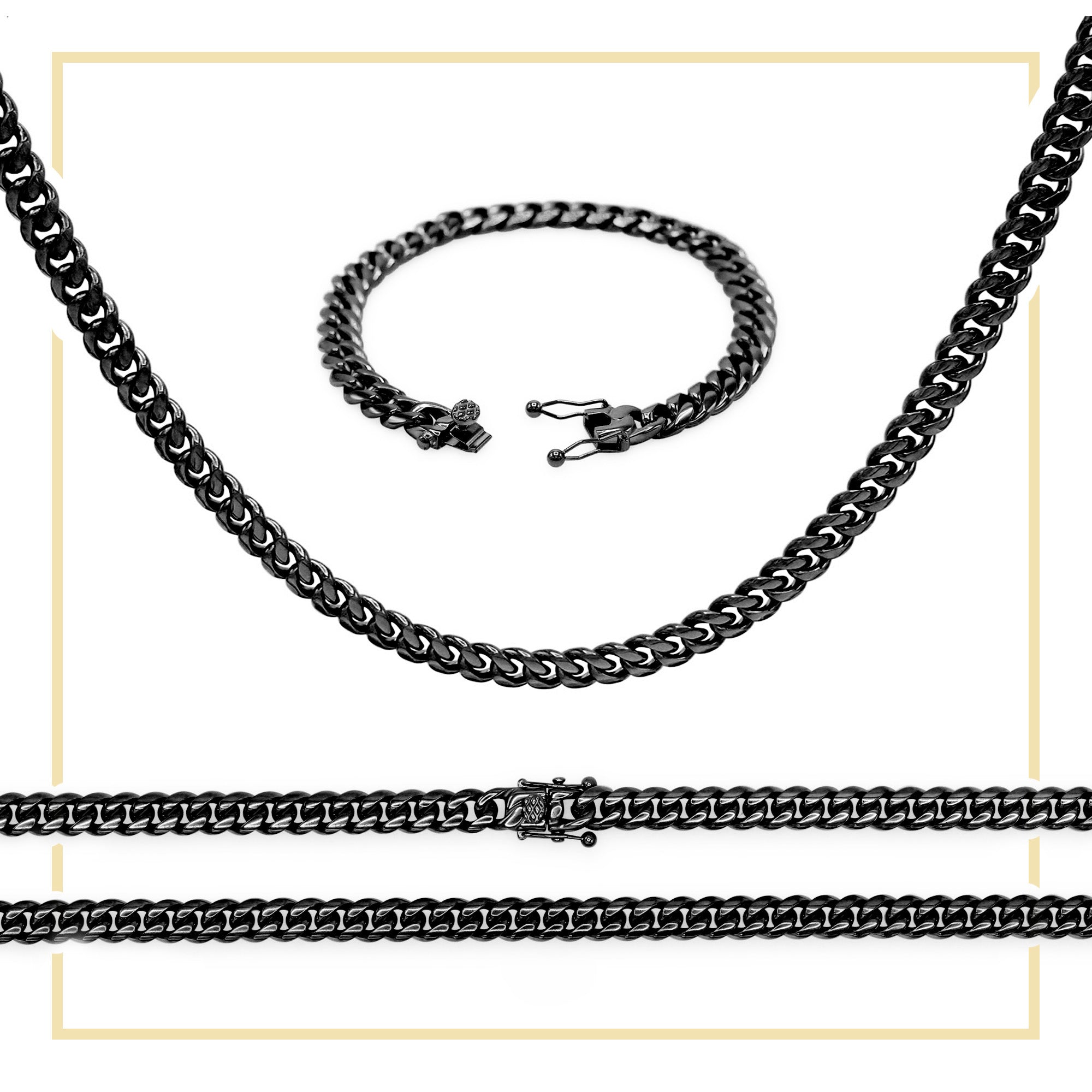 Black Cuban Link Chain Necklace 30" Bracelet 8.5" Stainless Steel Set For Men