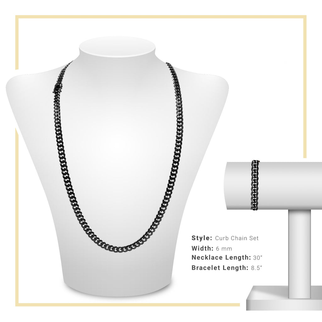 Black Cuban Link Chain Necklace 30" Bracelet 8.5" Stainless Steel Set For Men