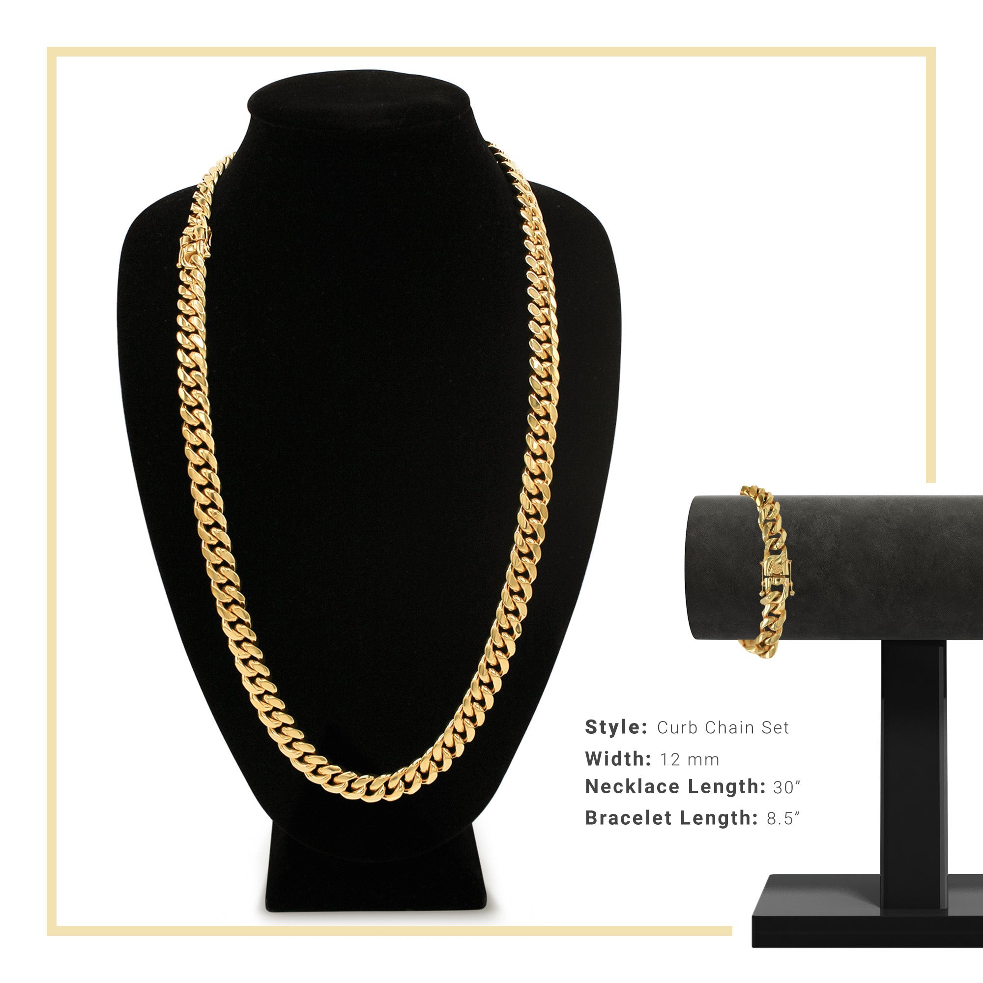 Cuban Link 14K Gold Plated Necklace 30" Bracelet 8.5" Set For Men