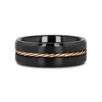 ADELARD Rose Gold Braided Cable Black Tungsten Men’s Wedding Band, Brushed Center with Polished Beveled Edges – 8mm
