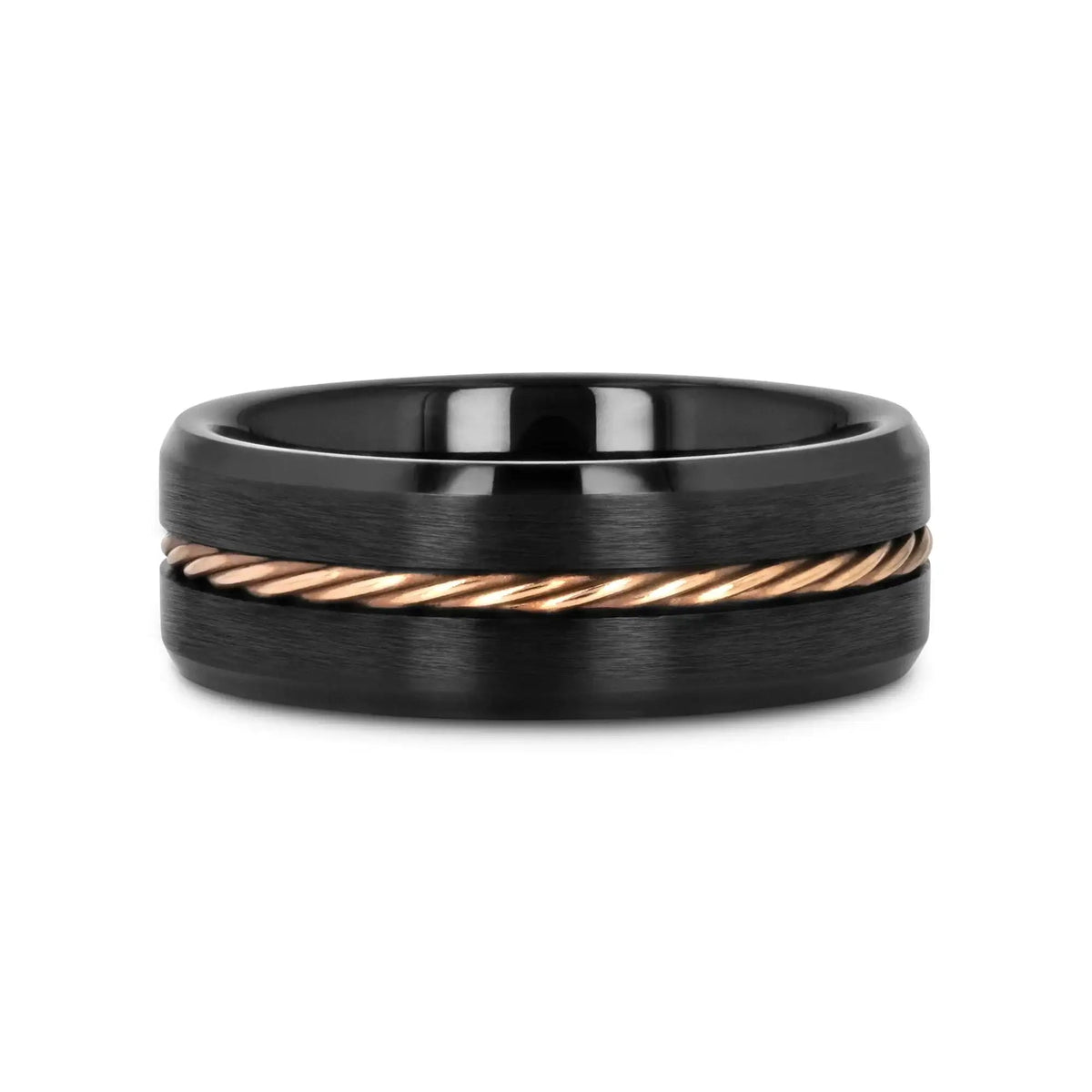 ADELARD Rose Gold Braided Cable Black Tungsten Men’s Wedding Band, Brushed Center with Polished Beveled Edges – 8mm