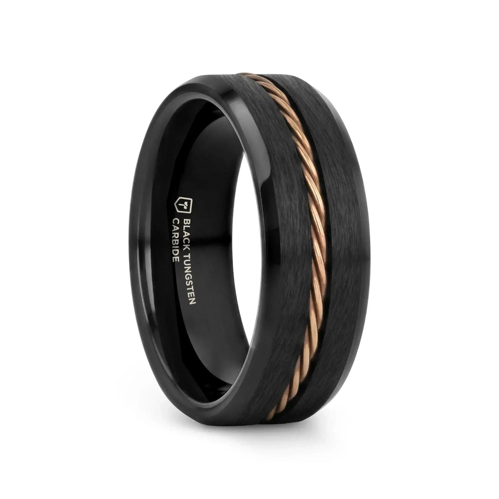 ADELARD Rose Gold Braided Cable Black Tungsten Men’s Wedding Band, Brushed Center with Polished Beveled Edges – 8mm