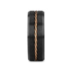 ADELARD Rose Gold Braided Cable Black Tungsten Men’s Wedding Band, Brushed Center with Polished Beveled Edges – 8mm