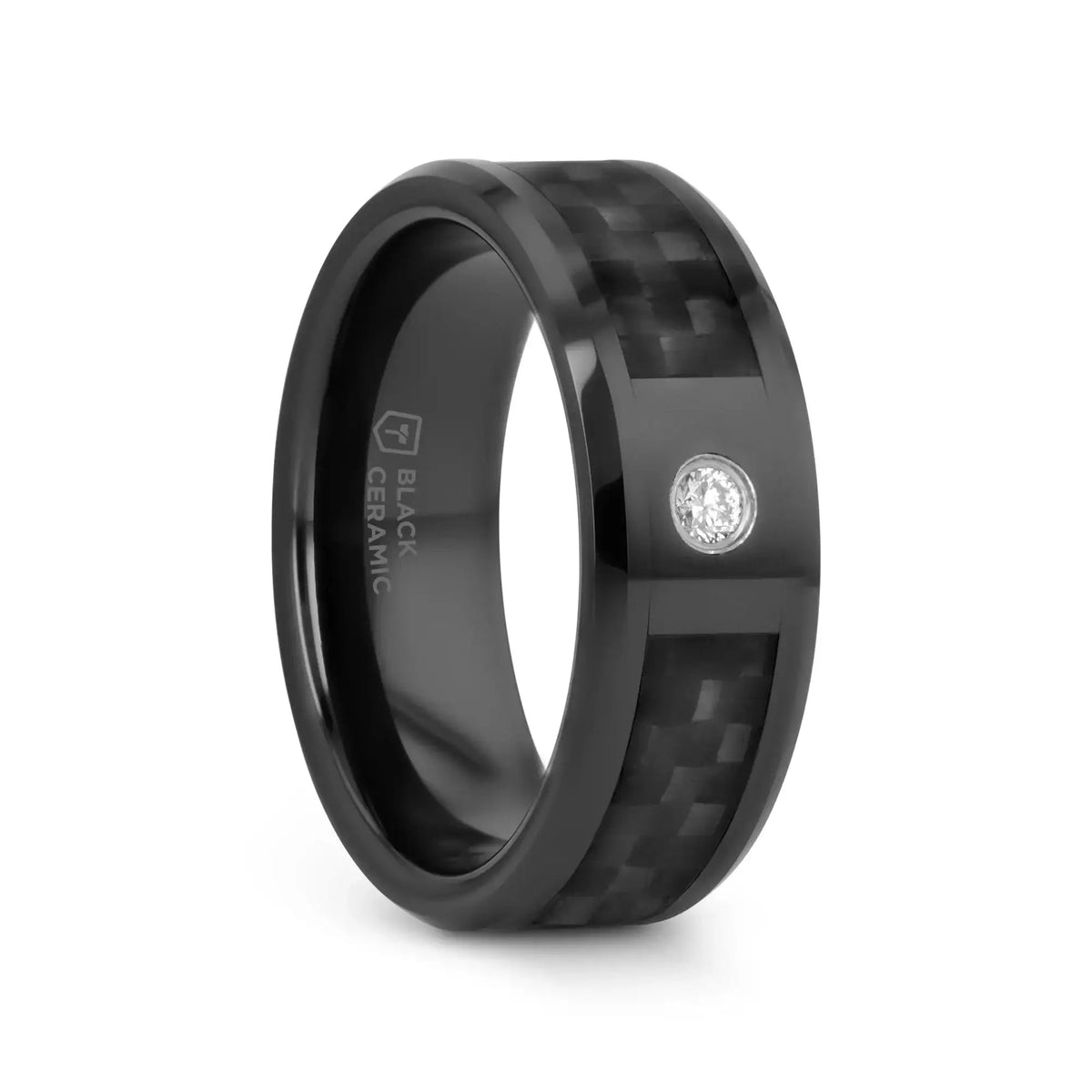 ANGUS Black Ceramic Wedding Band with Black Carbon Fiber Inlay and White Diamond- 8mm