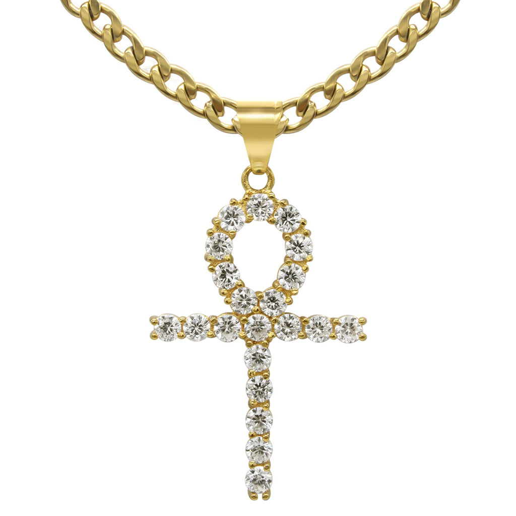 Ankh 1 Pendant Cubic Zirconia with Necklace Set 14K Gold Plated