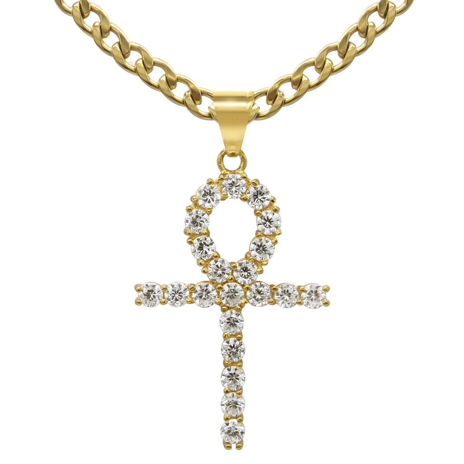 Ankh 1 Pendant Cubic Zirconia with Necklace Set 14K Gold Plated