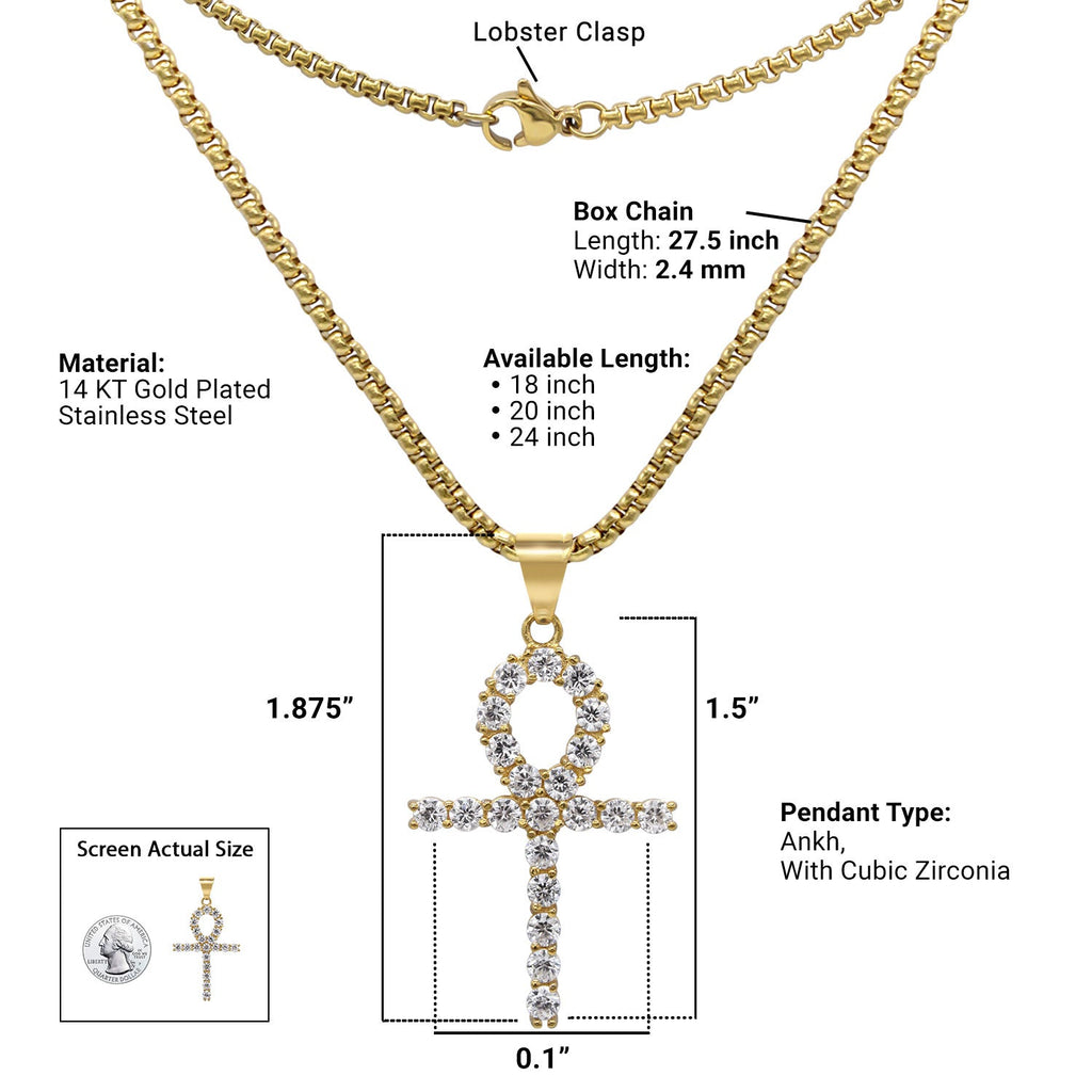 Ankh 1 Pendant Cubic Zirconia with Necklace Set 14K Gold Plated