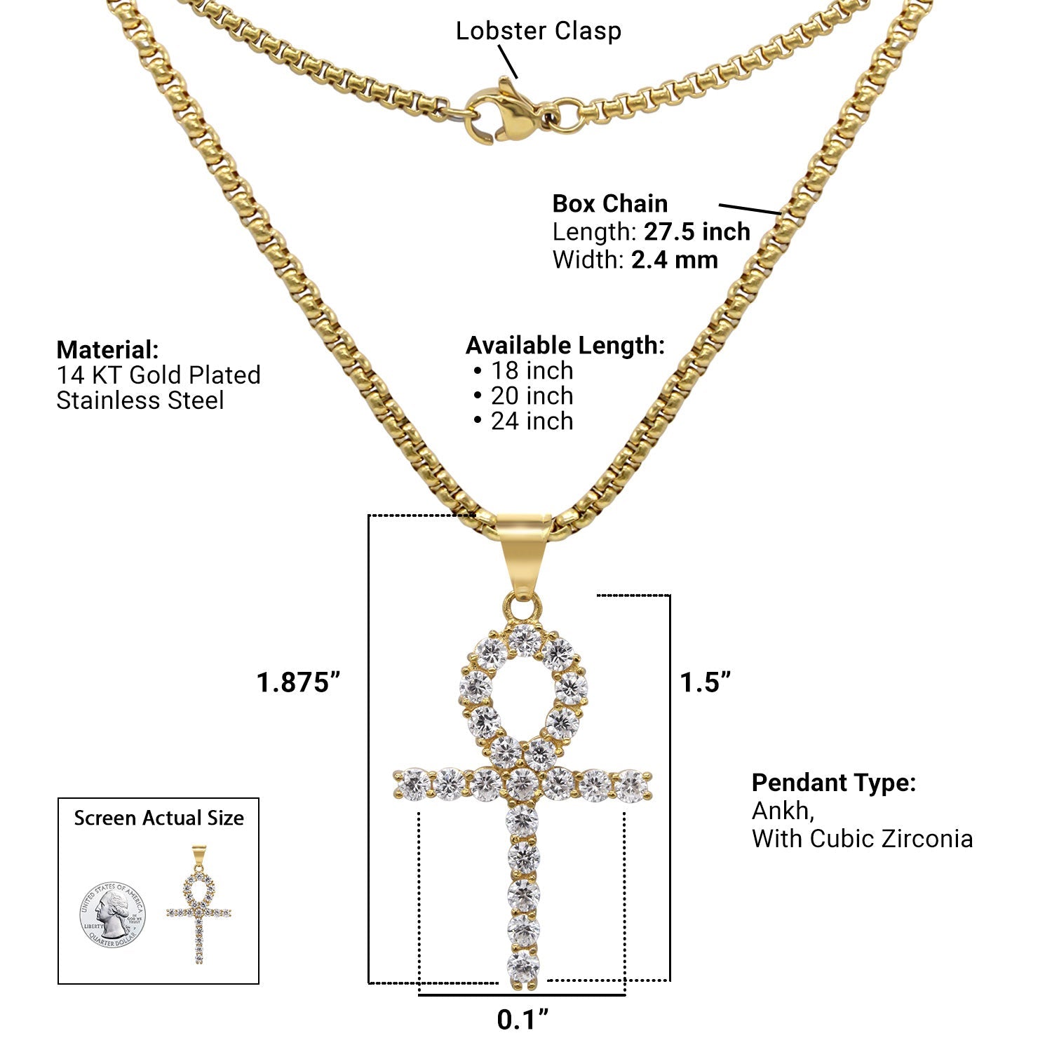 Ankh 1 Pendant Cubic Zirconia with Necklace Set 14K Gold Plated