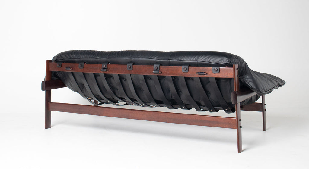 Brazilian Modern MP-41 Sofa in New Black leather and Brazilian Hardwood by Percival Lafer