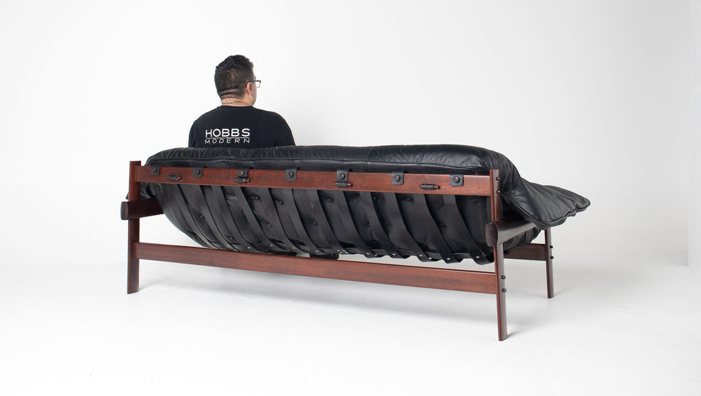 Brazilian Modern MP-41 Sofa in New Black leather and Brazilian Hardwood by Percival Lafer