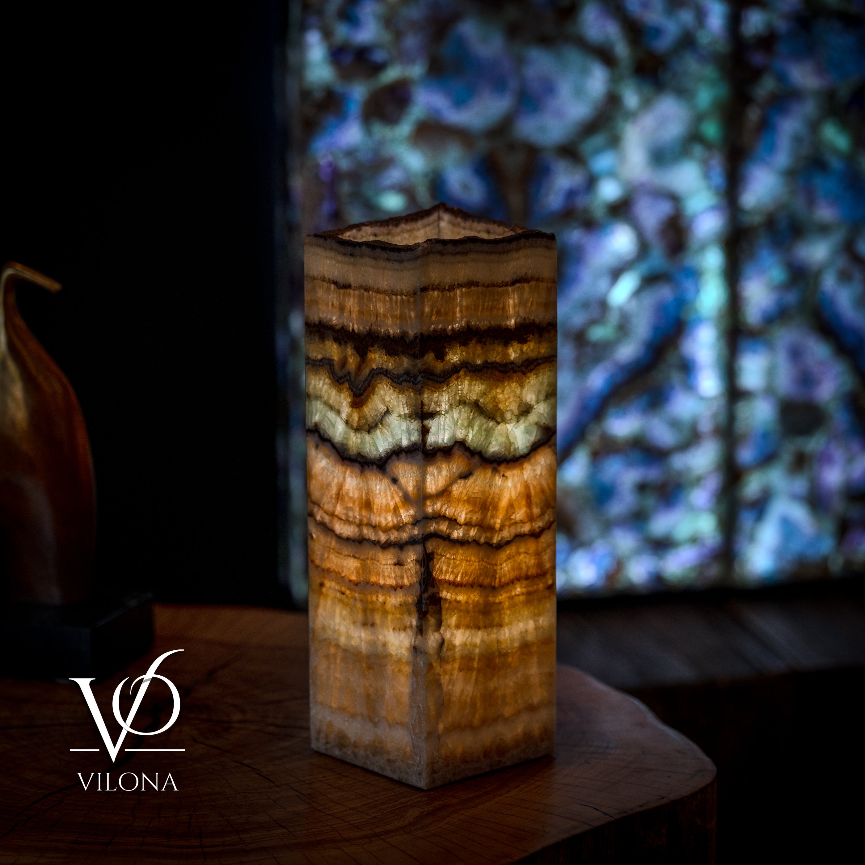 Aqua Onyx Table Lamp - Small - (18" Tall, 6x6" Live Edge Square #8)