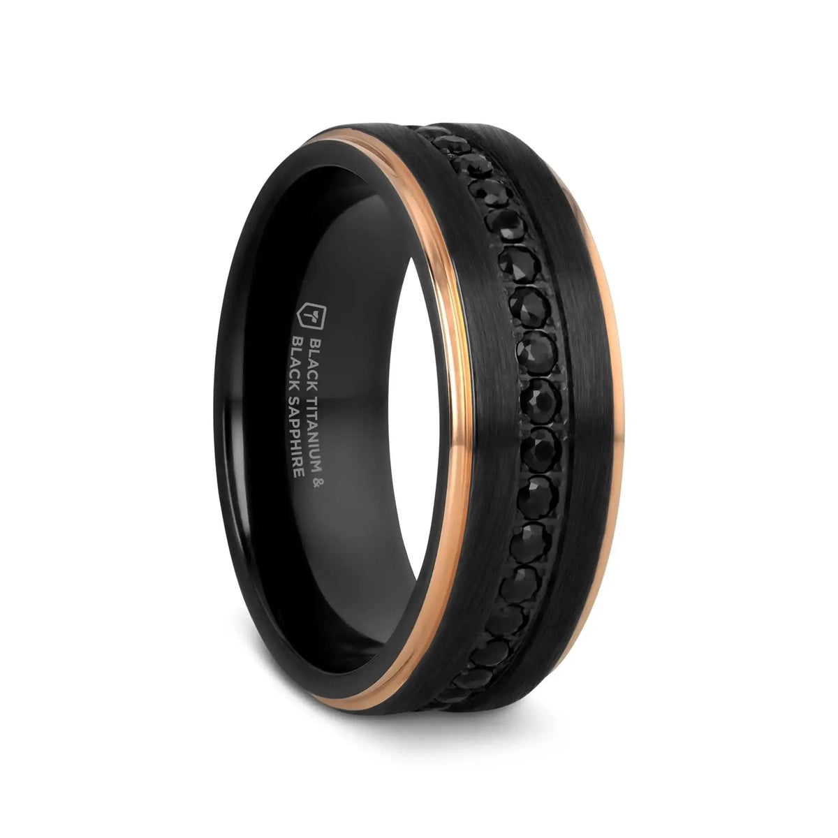 ASTRO Flat Brushed Black Titanium Ring with Rose Gold Plated Edge and Black Sapphire Settings All Around - 8mm