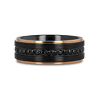 ASTRO Flat Brushed Black Titanium Ring with Rose Gold Plated Edge and Black Sapphire Settings All Around - 8mm