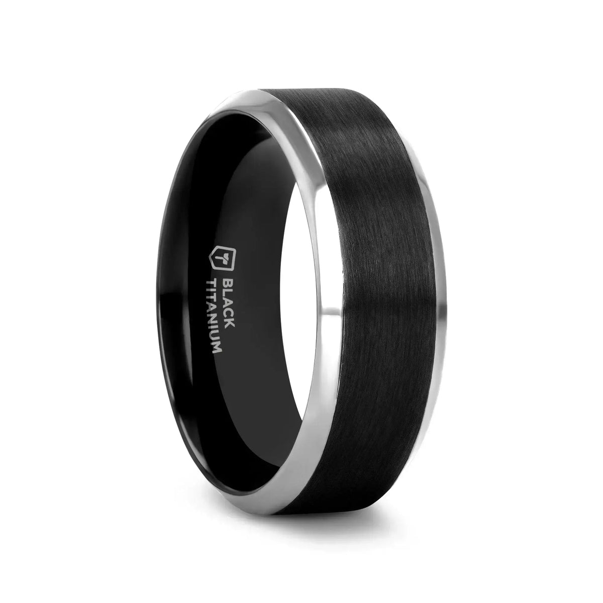 ATNOS Men’s Black Titanium Wedding Ring with Brushed Center and Polished Beveled Edges — 6mm & 8mm
