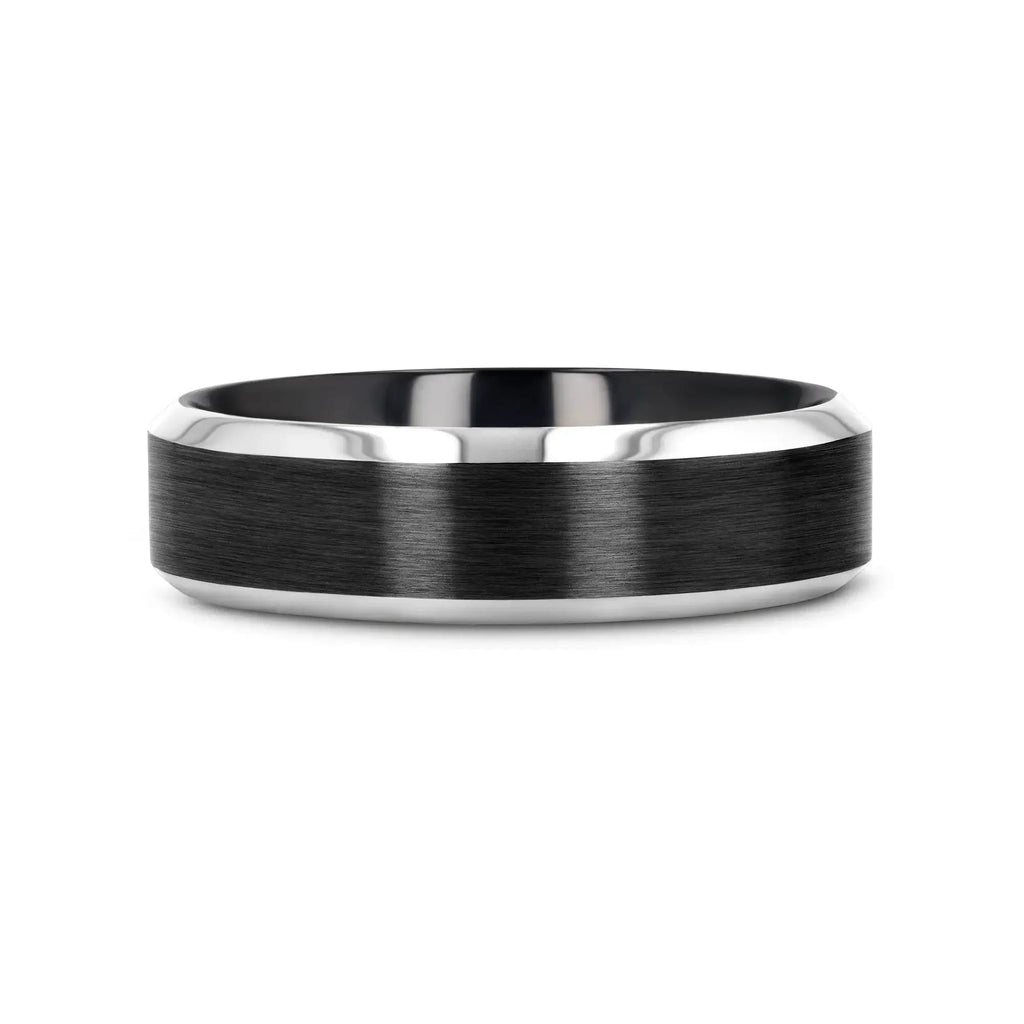ATNOS Men’s Black Titanium Wedding Ring with Brushed Center and Polished Beveled Edges — 6mm & 8mm