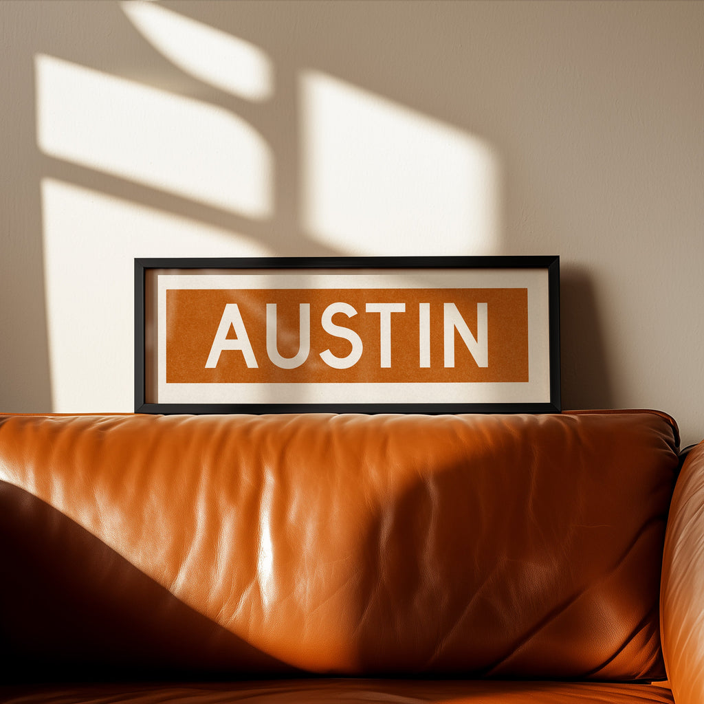Framed Austin Orange Bus Scroll