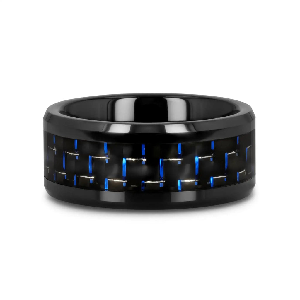 AVITUS Black Beveled Ceramic Ring with Blue & Black Carbon Fiber Inlay - 4mm - 10mm