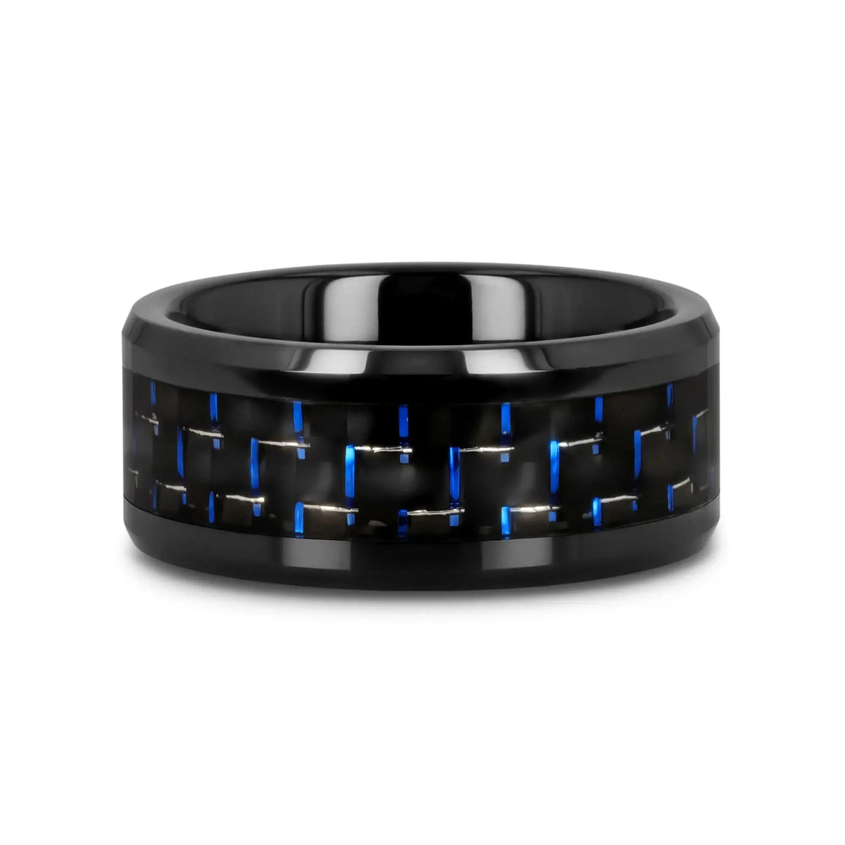 AVITUS Black Beveled Ceramic Ring with Blue & Black Carbon Fiber Inlay - 4mm - 10mm