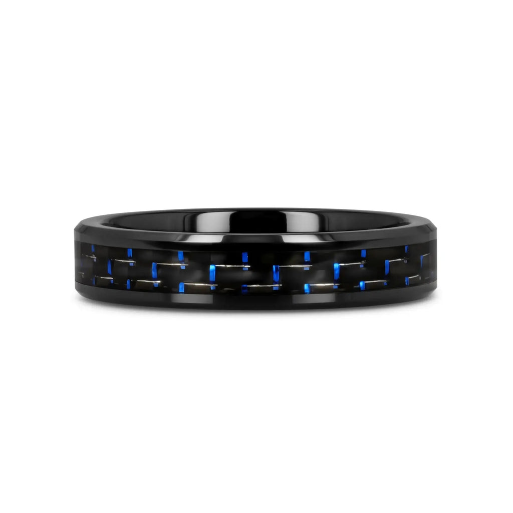 AVITUS Black Beveled Ceramic Ring with Blue & Black Carbon Fiber Inlay - 4mm - 10mm