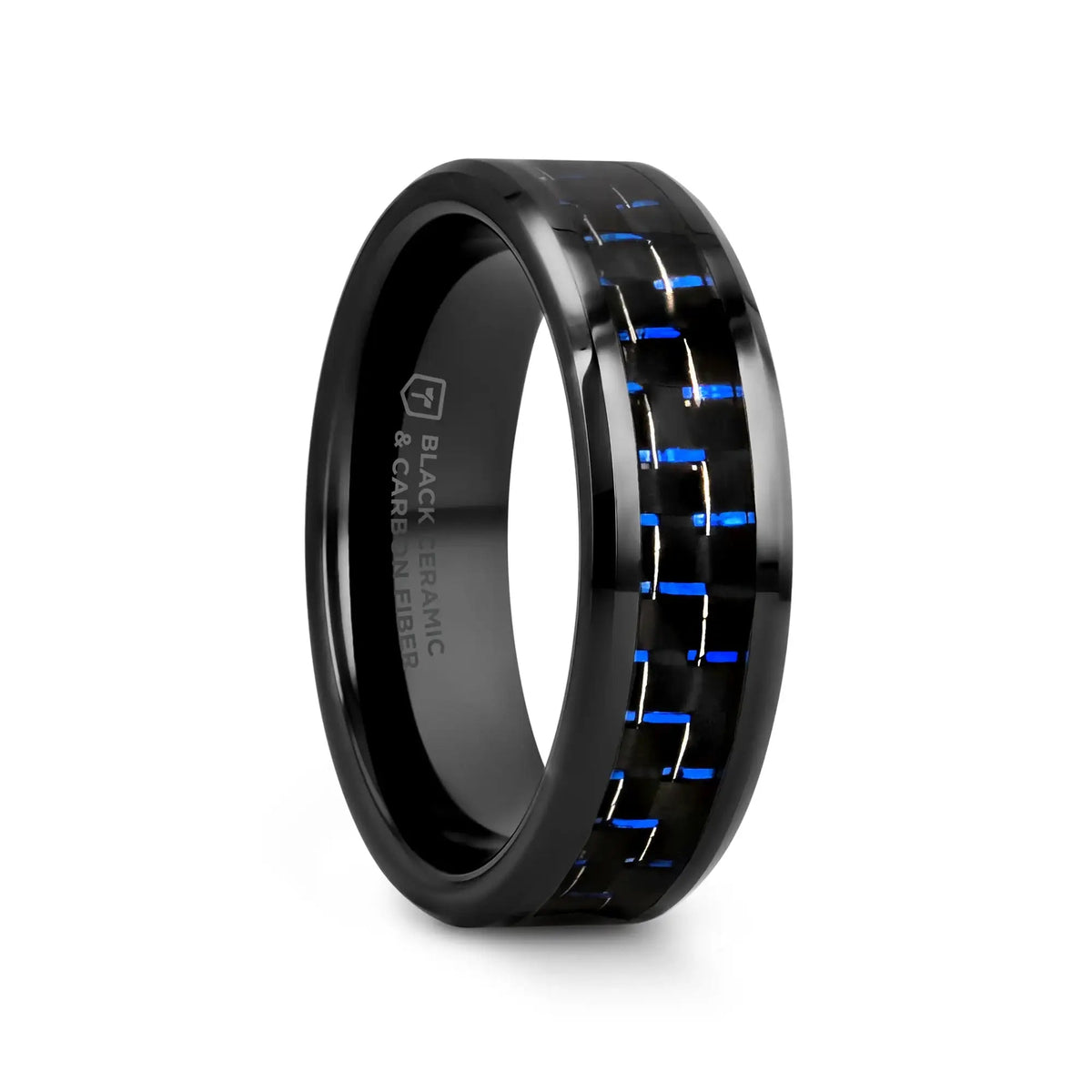 AVITUS Black Beveled Ceramic Ring with Blue & Black Carbon Fiber Inlay - 4mm - 10mm