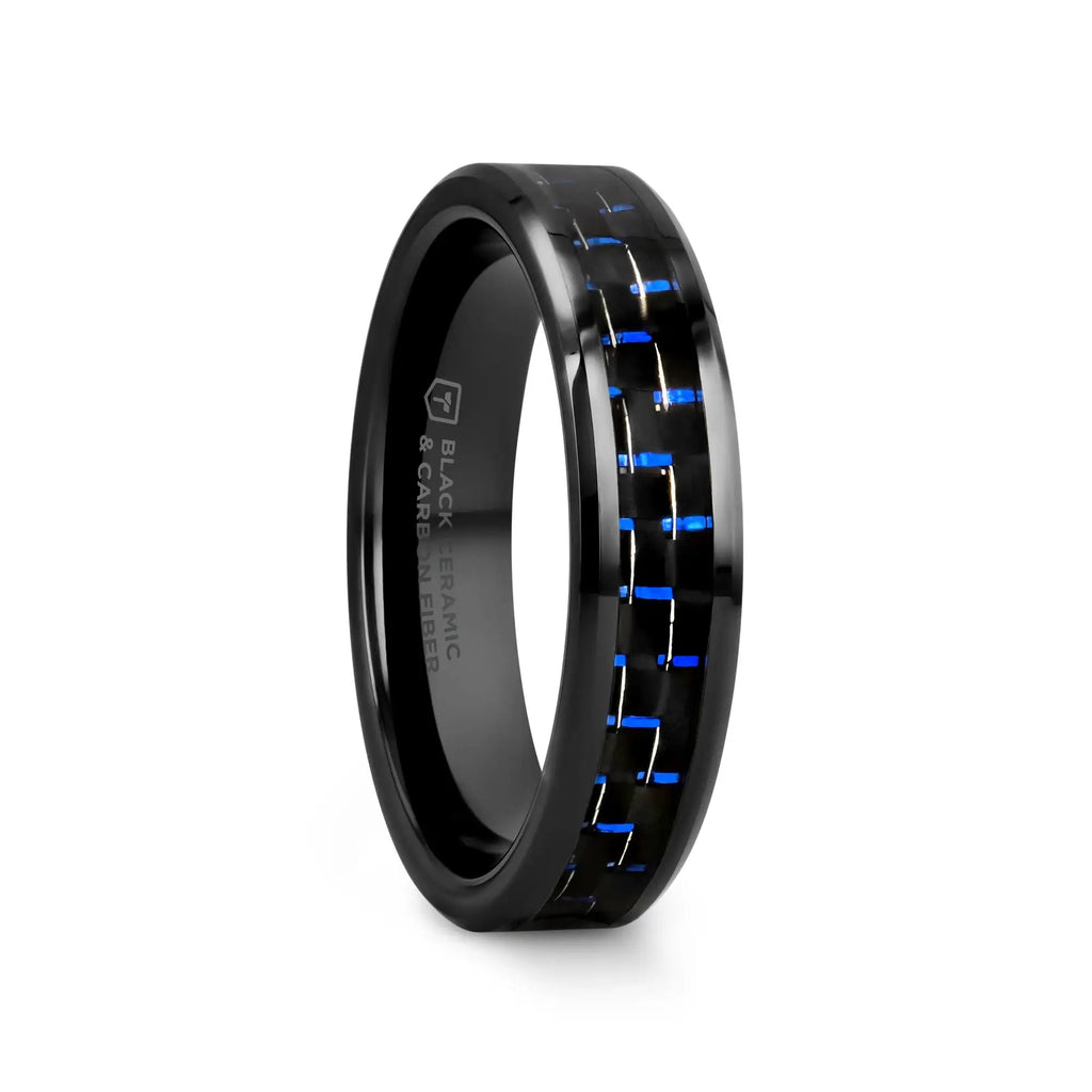AVITUS Black Beveled Ceramic Ring with Blue & Black Carbon Fiber Inlay - 4mm - 10mm