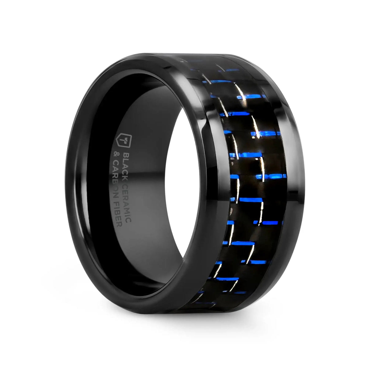 AVITUS Black Beveled Ceramic Ring with Blue & Black Carbon Fiber Inlay - 4mm - 10mm