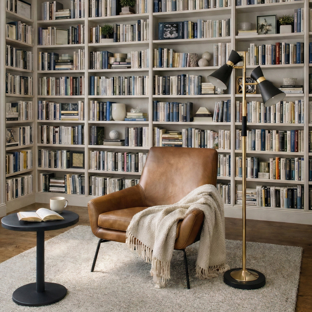 Axis Brassed Gold Floor Lamp with 4-Way Switch Double Spots with Metal Base