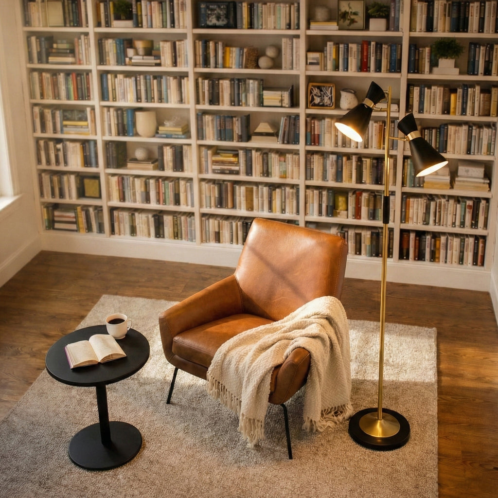 Axis Brassed Gold Floor Lamp with 4-Way Switch Double Spots with Metal Base